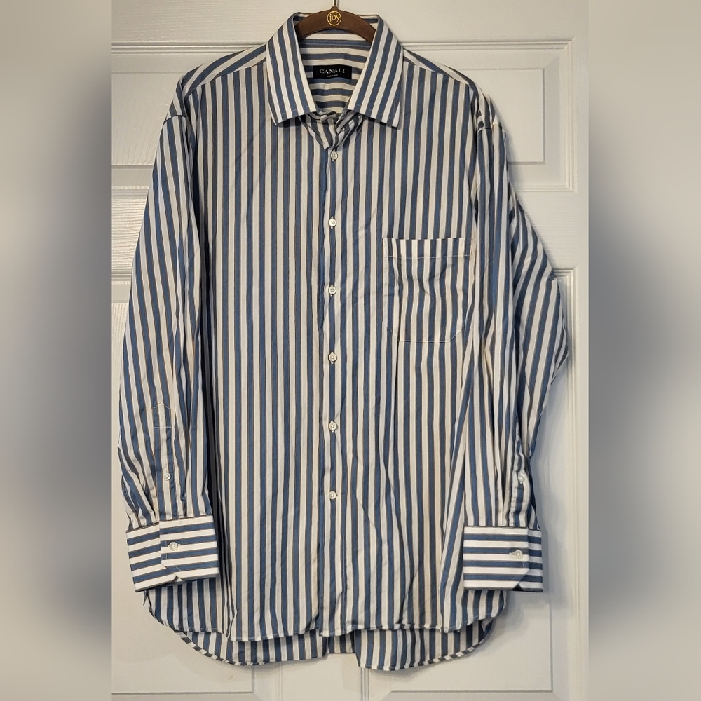 Blue Striped Canali Cotton Button Down Shirt Size 44, 17 1/2